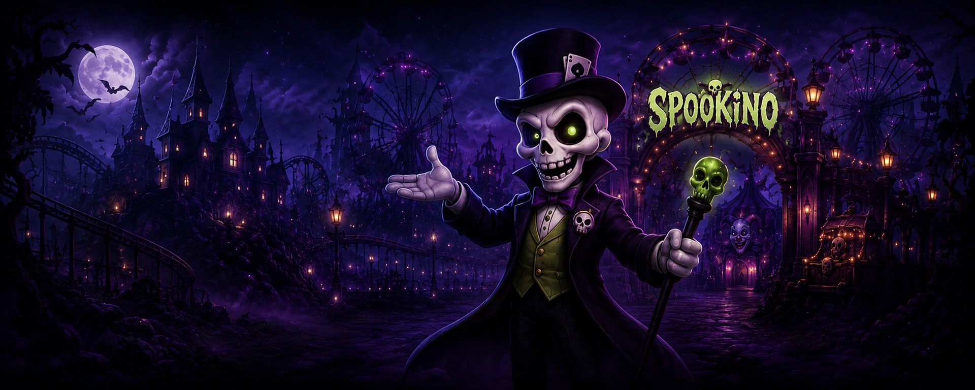 Verwunschener Vergnügungspark von Spookino unter dem Vollmond mit seinem Skelett-Maskottchen